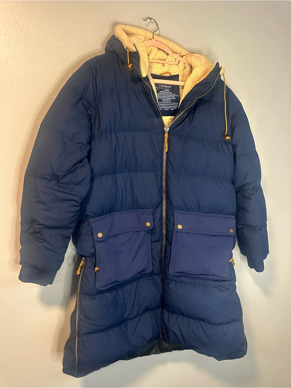 LL Bean Womens Mountain Classic Sherpa Lined Down Parka Coat Navy